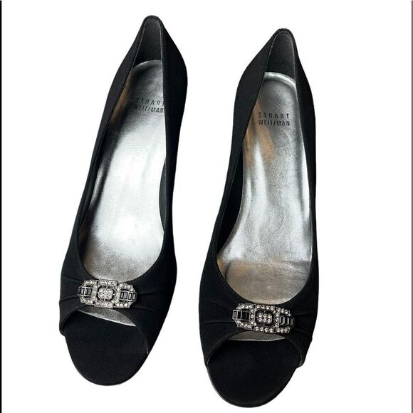 Black Stuart Weitzman Peep Toe Pump w/Crystal Embellishments Great Condition - Picture 8 of 15
